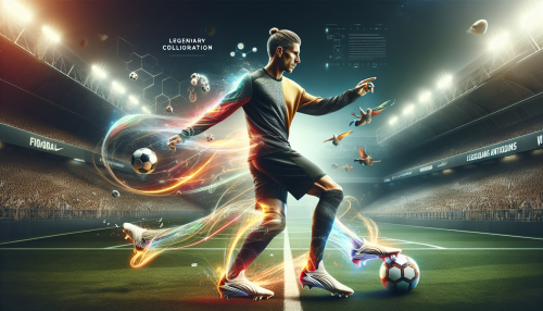 Create an image depicting a dynamic collaboration between Adidas and Lionel Messi. Show Messi in action on the soccer field, wearing a sleek and stylish Adidas soccer uniform with the distinct brand logo. The background should feature a stadium full of cheering fans, showcasing the excitement and energy of the game. Include elements like Adidas-designed soccer shoes, the iconic Adidas ball, and an overall sense of celebration and sportsmanship. Incorporate some subtle graphic design elements that highlight the legendary collaboration theme, perhaps with light trails or abstract shapes that represent motion and innovation.