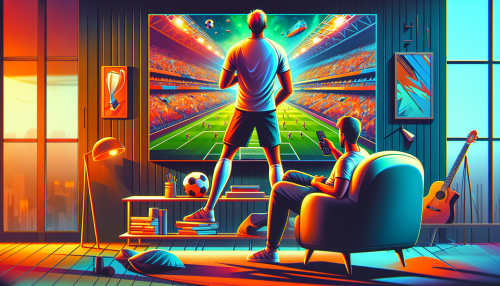 Create an image showing a person sitting comfortably in their living room, with a TV displaying a live football match on ESPN. The TV screen should show vibrant action from a football game, with clear ESPN branding in the corner. The living room should have a cozy atmosphere with sports memorabilia and a remote control in the person's hand, emphasizing the convenience and excitement of watching live football at home.