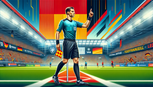 Create an image of Deniz Aytekin, the renowned German football referee, confidently officiating a high-stakes football match. He is in the center of the field, wearing his official referee uniform, with one arm raised to signal a decision. The stadium is packed with enthusiastic fans and vibrant banners. Include a modern backdrop to highlight the technological advancements in football refereeing, like the VAR (Video Assistant Referee) screens on the sidelines. The atmosphere should be dynamic and electrifying, reflecting the revolutionary impact Aytekin has had on the game.