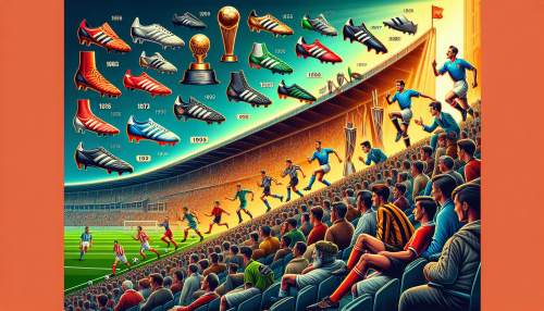 Create an image showing the evolution and rise of Nike in the world of football (soccer). The scene should showcase various iconic football boots from different eras, legendary footballers wearing Nike gear, and major football stadiums in the background with vibrant crowds. Include elements like Nike's signature swoosh logo, football trophies, and passionate fans cheering. The overall atmosphere should be dynamic and celebratory, highlighting Nike's impact on the sport throughout the years.