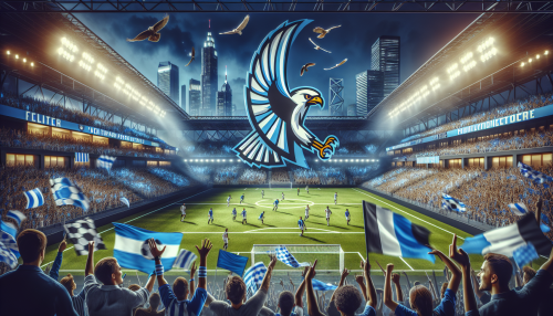 Create an image of a dynamic and lively stadium with the Charlotte Football Club logo prominently displayed. The stadium is filled with enthusiastic fans wearing the team's colors, waving flags, and holding banners that celebrate the team's growth in the MLS. Include a diverse crowd and a few players in action on the field, emphasizing the energy and excitement surrounding the team's rise. In the background, showcase the Charlotte skyline visible beyond the stadium, symbolizing the city's support and pride in their team.