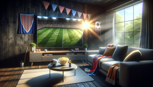 An inviting living room with a modern flat-screen TV showing a live soccer match. The setting includes a comfy couch, a coffee table with popcorn and drinks, and soccer-themed decorations like scarves and posters. The sunlight from a window casts a warm glow over the room, capturing the excitement and anticipation of watching a big game.