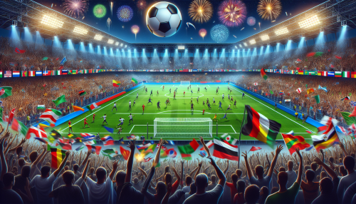 Create an image of a dynamic soccer stadium packed with enthusiastic fans from different cultures and backgrounds, waving flags from their countries. Players on the field are in action, showcasing diverse skills and techniques. The atmosphere is electric, with vibrant fireworks in the sky and the iconic soccer ball as the focal point. The scene captures the universal love for soccer and its unifying global influence.