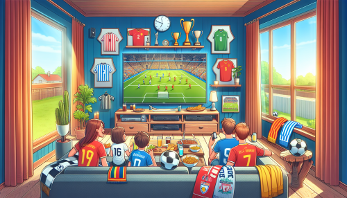 Un salón acogedor con un gran televisor de pantalla plana montado en la pared, mostrando un emocionante partido de fútbol en alta definición. En el sofá, una familia animada con camisetas de diferentes equipos, snacks y bebidas en la mesa de centro. En la pared, estanterías con trofeos de fútbol, bufandas y memorabilia deportiva. A través de la ventana, una tarde soleada sugiriendo un día perfecto para disfrutar del partido en casa.