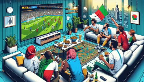 Create a vibrant and dynamic illustration of a diverse group of soccer fans watching a live match together in a cozy living room. The room features a large TV screen displaying an exciting soccer game, with fans cheering, waving flags, and wearing their favorite team jerseys. Include various snacks and drinks on a coffee table, creating a lively atmosphere that highlights the excitement and camaraderie of watching live soccer.