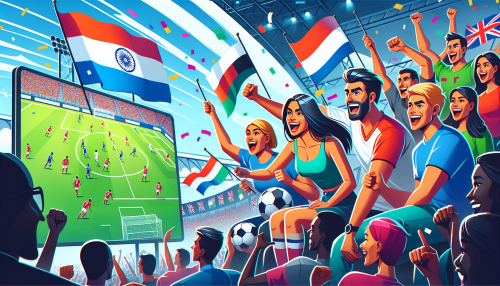 Create an image showcasing the excitement of the Telemundo Mundial 2022 coverage: A lively scene with enthusiastic fans from various countries watching a giant screen displaying a soccer match. Include Telemundo branding, cheering crowds waving flags, and the vibrant atmosphere of a global soccer tournament.