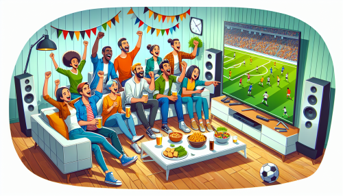 Create an image of a cozy living room where friends and family are gathered, cheering while watching a live soccer match on a large flat-screen TV. Include elements such as snacks, drinks, team scarves, and a football on the floor to enhance the atmosphere of an exciting game-day experience.