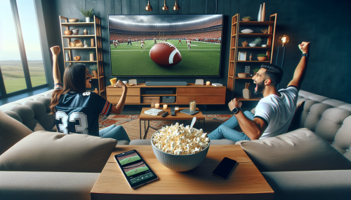 A vivid illustration of a modern living room with a large flat-screen TV displaying a live soccer match. The room is cozy, with a comfortable sofa, a bowl of popcorn, and a couple of enthusiastic fans cheering. In the background, there are various devices like a smartphone, tablet, and laptop showing different streaming platforms for watching soccer live. The atmosphere is lively and exciting, capturing the essence of enjoying live football at home.