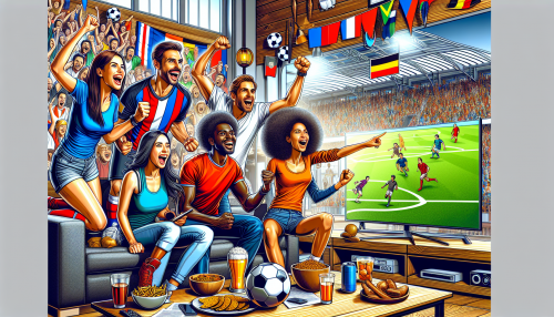 Create an image of a diverse group of enthusiastic soccer fans gathered in a modern living room, cheering and watching a live soccer match on a big-screen TV displaying Sling TV's interface. The room is decorated with soccer memorabilia, and snacks and drinks are scattered around, capturing the lively and exciting atmosphere of the moment.