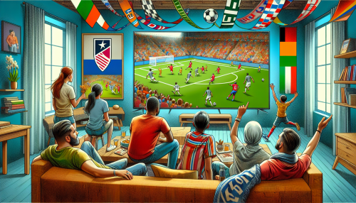 Create a vibrant and dynamic image of a family watching a live soccer match on TV, with the beIN Sports logo prominently displayed on the screen. The living room should be filled with enthusiastic fans wearing their favorite team jerseys, scarves, and waving flags. Capture the excitement and energy of the moment with action-packed scenes from the game visible in the background.