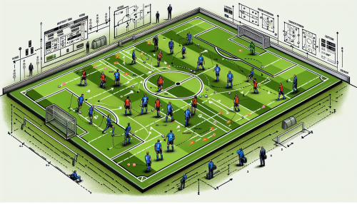 Una imagen detallada de un campo de fútbol 11 con jugadores en sus posiciones estratégicas. El equipo en defensa está usando un esquema 4-4-2 mientras que el equipo en ataque está desplegado en un 4-3-3. Algunos jugadores están moviéndose para desmarcarse, mientras el entrenador está en la línea de banda dando instrucciones. Las líneas del campo, las posiciones y movimientos de los jugadores están destacados con flechas y diagramas tácticos.