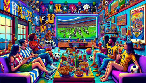 Create an image of a vibrant living room scene where friends and family are gathered, enthusiastically watching an NFL football game on a big screen TV. The room is decorated with both soccer and American football memorabilia, merging the themes of fútbol and NFL. People are wearing a mix of soccer jerseys and NFL team apparel, enjoying snacks and drinks, with a lively, energetic atmosphere.