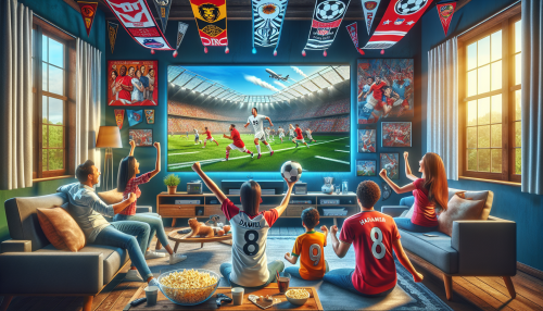 An energetic living room scene with a family gathered around a large flat-screen TV, intensely watching a live football match. The room is decorated with football memorabilia, including team scarves, posters, and a bowl of popcorn on the coffee table. The TV displays a brightly lit football stadium, players in mid-action, and the score in a corner. The family members are dressed in their favorite team's jerseys, exuding excitement and anticipation.