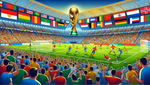 Create an image of a lively stadium filled with cheering fans from around the world, showcasing the vibrant atmosphere of a World Cup soccer match. Include players in dynamic action, representing different nations, with the iconic World Cup trophy subtly visible in the background.