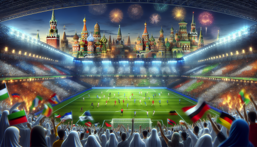 An awe-inspiring, vivid scene capturing the excitement and grandeur of the 2022 FIFA World Cup. The image features a packed stadium under bright floodlights, with diverse fans in colorful attire waving flags and cheering. In the center, players from various national teams are in action on a lush, green soccer field. The atmosphere is electric, with fireworks in the sky and a scoreboard displaying a close match. The backdrop includes iconic landmarks from Qatar, blending tradition with modernity, emphasizing the unique cultural blend of this unforgettable event.