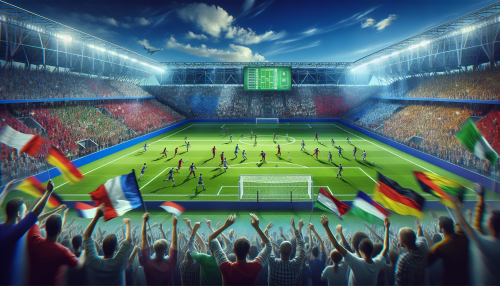 Create an image of a vibrant soccer stadium filled with energetic fans waving flags and banners, capturing the excitement of a live soccer match happening today. The scene should feature players in mid-action, a clear blue sky, and the lush green field. Incorporate a digital scoreboard showing the current match stats to emphasize the 'live' aspect.