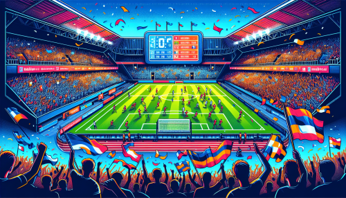 Create an image featuring a dynamic football stadium filled with cheering fans, a large digital scoreboard displaying live match scores, and a close-up of players actively competing on the field. Include elements like team logos, flags, and banners to capture the excitement of live football results.