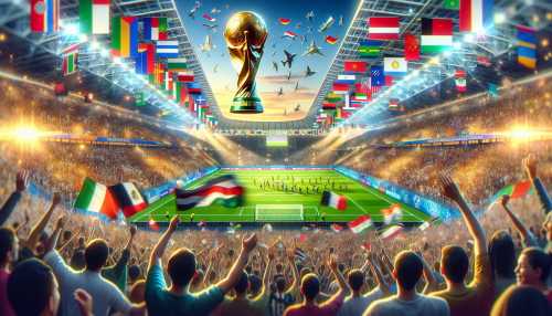 Create a vibrant scene of a thrilling 2022 FIFA World Cup soccer match in Qatar. The stadium is filled with ecstatic fans waving flags from various countries, capturing the energy and excitement of the event. Include diverse groups of people, cheering, celebrating, and holding signs. Iconic details like the official World Cup trophy and the distinctive architecture of the stadium should be visible. The atmosphere should be electric, with bright lights and team colors prominent throughout the image.