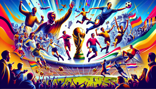 Create a vibrant and dynamic illustration capturing the excitement of the FIFA World Cup. Include legendary players from different eras in action, such as Pelé, Maradona, and Messi, set in iconic moments from past tournaments. Incorporate a diverse crowd of enthusiastic fans waving flags and wearing jerseys from various countries in a stadium filled with the electric atmosphere of a World Cup final. The background should showcase famous World Cup trophies and memorable scenes, evoking emotions and unforgettable memories from the history of the tournament.