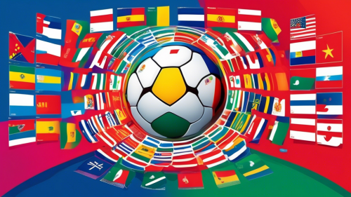 Create a visually stunning image of a calendar for the 2022 World Cup, showcasing the dates, groups, and flags of participating countries. Include a stadium in the background, colorful team jerseys, and a soccer ball in motion to convey excitement and energy.