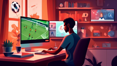 An illustration of a person sitting at their desk, watching a live soccer match on a modern PC monitor. Surrounding the scene, there are various elements that represent streaming services and technology, such as Wi-Fi symbols, a comfortable chair, a coffee mug, and a neat workspace. The background features a bookshelf, soccer memorabilia, and soft lighting to create a cozy atmosphere. The soccer match on the screen is vibrant with players in action, showcasing the excitement of watching sports live.