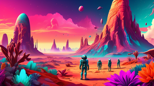 Create an image of an awe-inspiring alien landscape on the planet Nyom, featuring exotic flora and fauna with vibrant colors. The scene includes a group of explorers in futuristic suits examining ancient alien artifacts, with a majestic, multi-colored sky and unusual rock formations in the background.