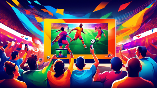 Create an image of a lively sports streaming experience, showcasing a diverse group of excited fans watching a soccer game on various devices like smartphones, tablets, and smart TVs. The scene should include vibrant colors and dynamic elements to convey the energy and revolution in sports streaming, with the One Football Live logo prominently displayed.