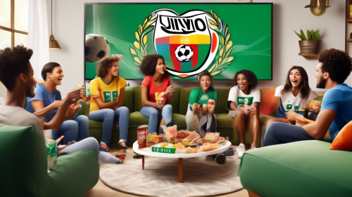 Create an image of a lively living room scene where a diverse group of people are enthusiastically watching a soccer match on a large TV screen. The broadcast on the TV shows the Univision logo alongside a thrilling soccer game. The room is adorned with soccer-related decorations, like team banners and scarves, and there are snacks and drinks on a coffee table, highlighting the celebratory atmosphere. The scene should convey excitement and community, with people of various ages and backgrounds cheering and enjoying the game together.