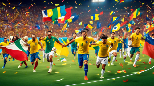 Create an image depicting the vibrant atmosphere of Copa América 2023: A packed stadium with roaring fans waving flags of various South American countries like Brazil, Argentina, Uruguay, and Chile. In the foreground, feature standout soccer players from these nations in dynamic action poses, showcasing their skills. Include elements that emphasize the excitement and anticipation, such as fireworks, confetti, and banners with the text Copa América 2023.