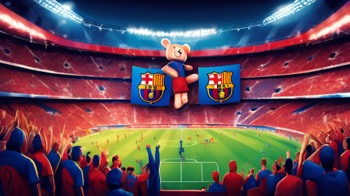 Create a dynamic and intense illustration capturing the rivalry between FC Barcelona and Atlético de Madrid. Show passionate fans divided in the stadium, waving their team flags and cheering loudly. Highlight the iconic players from each team, poised for action on the field under a bright stadium lighting. Include elements like the team logos, colors, and the energy of a high-stakes match, reflecting the anticipation and expectations from both sides.