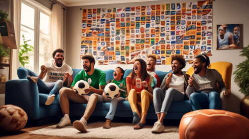 Create an image of a lively living room scene where a diverse group of friends and family are watching a live soccer match on a big screen TV. The room is decorated with various football team banners and memorabilia, and everyone is excitedly reacting to the game with snacks and drinks in hand. Natural daylight streams in from the windows, adding to the vibrant atmosphere.