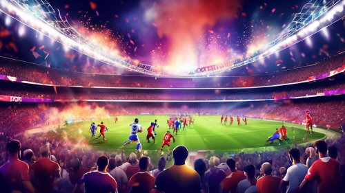 Create an image that captures the excitement of live football being broadcast on Bein Sports. The scene shows a packed stadium under floodlights with intense action on the field. Football players in dynamic poses, fans cheering, and a large banner or screen displaying the Bein Sports logo prominently. Include elements that represent different countries to emphasize the international coverage of the event.