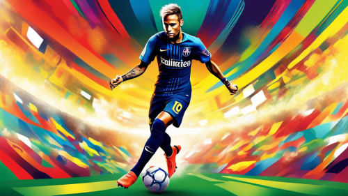 Create an image that showcases Neymar in a dynamic action pose on the soccer field, wearing a Nike jersey and iconic Nike football boots. The background should feature a stadium full of cheering fans, and subtle elements of Nike branding, such as the swoosh logo, should be visible around the image, emphasizing the successful partnership between Neymar and Nike in the world of football.